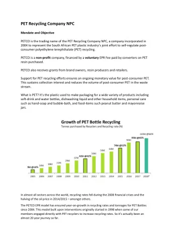 PET Recycling Company NPC Mandate and Objective  PETCO is the trading name of the PET Recycling