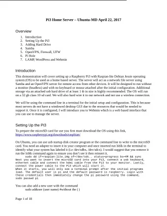 Pi3 Home Server  Ubuntu-MD April 22, 2017  Overview  1. Introduction  2. Setting Up the Pi3  3.