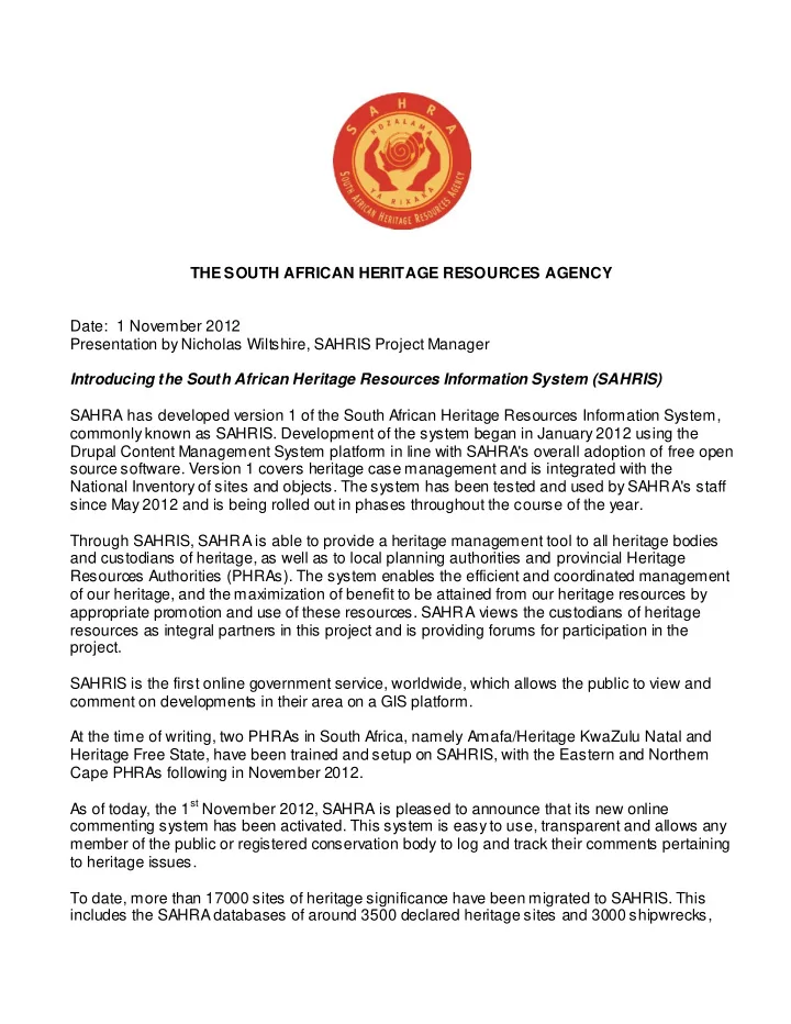 the south african heritage resources agency date 1