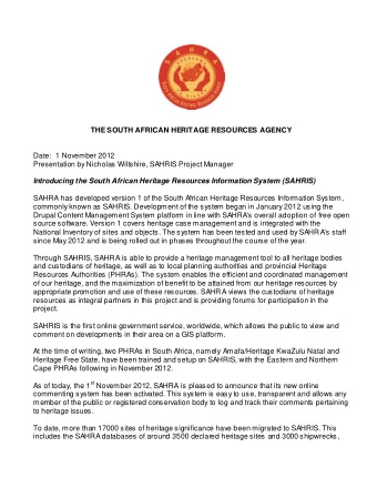 THE SOUTH AFRICAN HERITAGE RESOURCES AGENCY  Date: 1 November 2012  Presentation by Nicholas