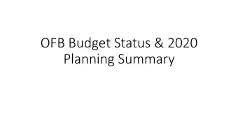 OFB Budget Status &amp; 2020  Planning Summary Revenue  Not meeting proje  jections  Assumptions