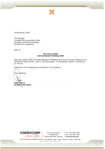 Servcorp Limited  Annual General Meeting  Wednesday 18 November 2009  Servcorp business highlights