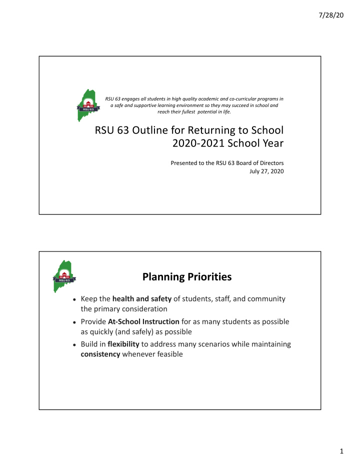 rsu 63 outline for returning to school 2020 2021 school