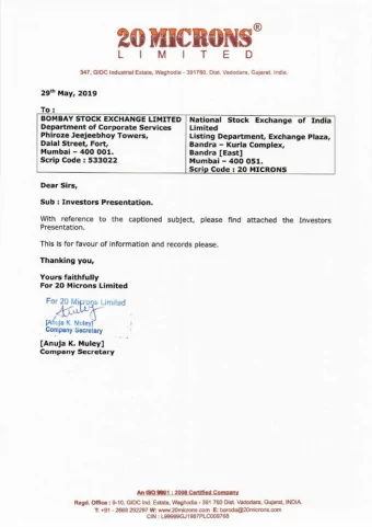 20 Microns Limited Investor Presentation  May 2019  I n d i a  s  L e a d i n g  P r o d u