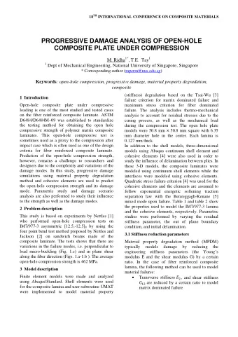 PROGRESSIVE DAMAGE ANALYSIS OF OPEN-HOLE  COMPOSITE PLATE UNDER COMPRESSION M. Ridha 1* , T.E.  Tay