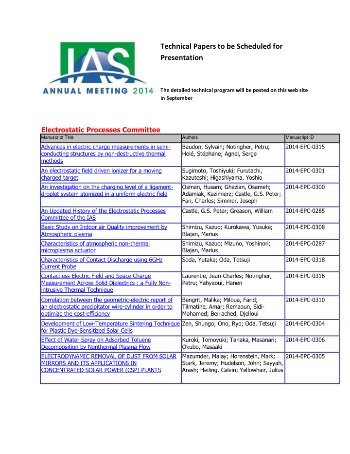 technical papers to be scheduled for presentation