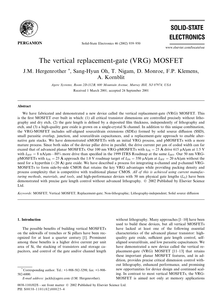 the vertical replacement gate vrg mosfet