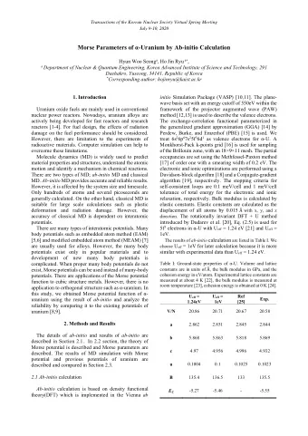 Morse Parameters of  -Uranium by Ab-initio Calculation Hyun Woo Seong a , Ho Jin Ryu a  , a