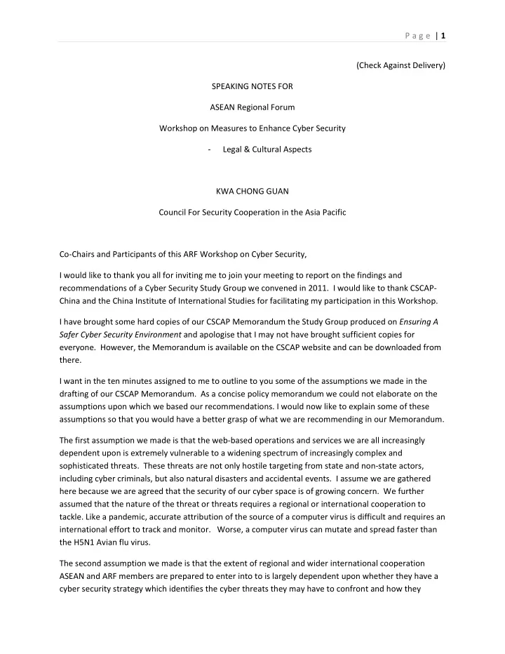 p a g e 1 check against delivery speaking notes for asean