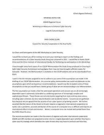 P a g e | 1 (Check Against Delivery) SPEAKING NOTES FOR ASEAN Regional Forum Workshop on Measures