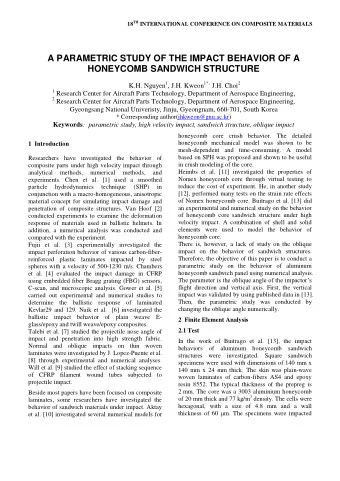 A PARAMETRIC STUDY OF THE IMPACT BEHAVIOR OF A  HONEYCOMB SANDWICH STRUCTURE K.H. Nguyen 1 , J.H.