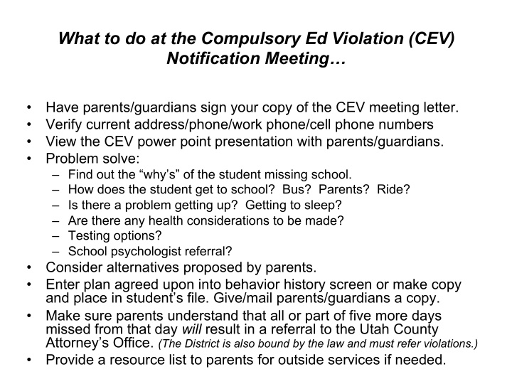 what to do at the compulsory ed violation cev