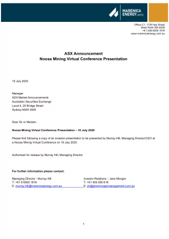 ASX Announcement  Noosa Mining Virtual Conference Presentation  15 July 2020  Manager  ASX Market