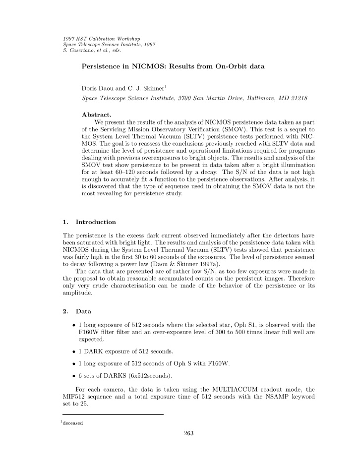 persistence in nicmos results from on orbit data