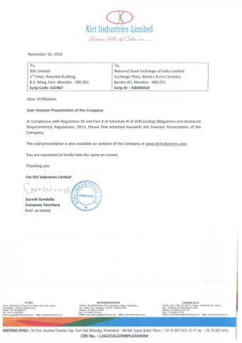 CD Kiri Industries Limited C afe, uv. ....  {i:ft November 30, 2018  To,  To, BSE Limited National