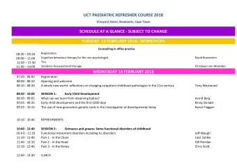 UCT PAEDIATRIC REFRESHER COURSE 2018  Vineyard Hotel, Newlands, Cape Town  SCHEDULE AT A GLANCE -