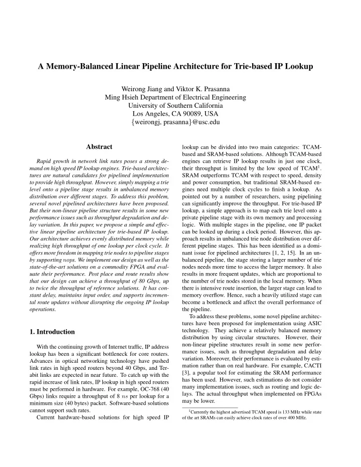 a memory balanced linear pipeline architecture for trie