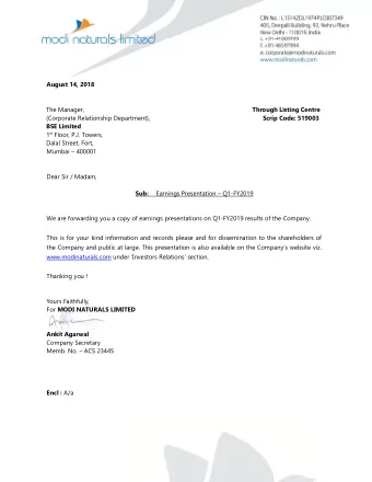 August 14, 2018  The Manager,  Through Listing Centre  (Corporate Relationship Department),  Scrip