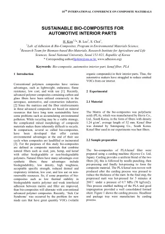 SUSTAINABLE BIO-COMPOSITES FOR  AUTOMOTIVE INTERIOR PARTS H. Kim 1,2 * , B. Lee 1 , S. Choi 1 , 1