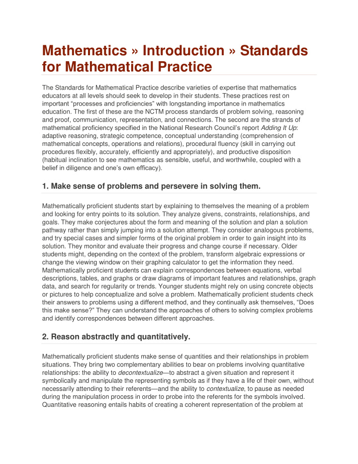 mathematics introduction standards for mathematical