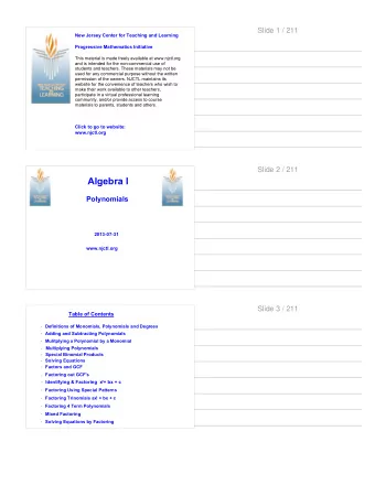 Algebra I  Polynomials  2013-07-31  www.njctl.org  Slide 3 / 211  Table of Contents  Definitions