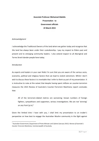 Associate Professor Mohamad Abdalla  Presentation   to  Government officials  19 March 2015