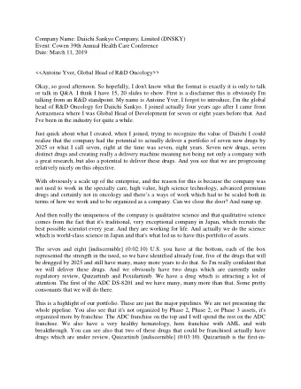 Company Name: Daiichi Sankyo Company, Limited (DNSKY)  Event: Cowen 39th Annual Health Care