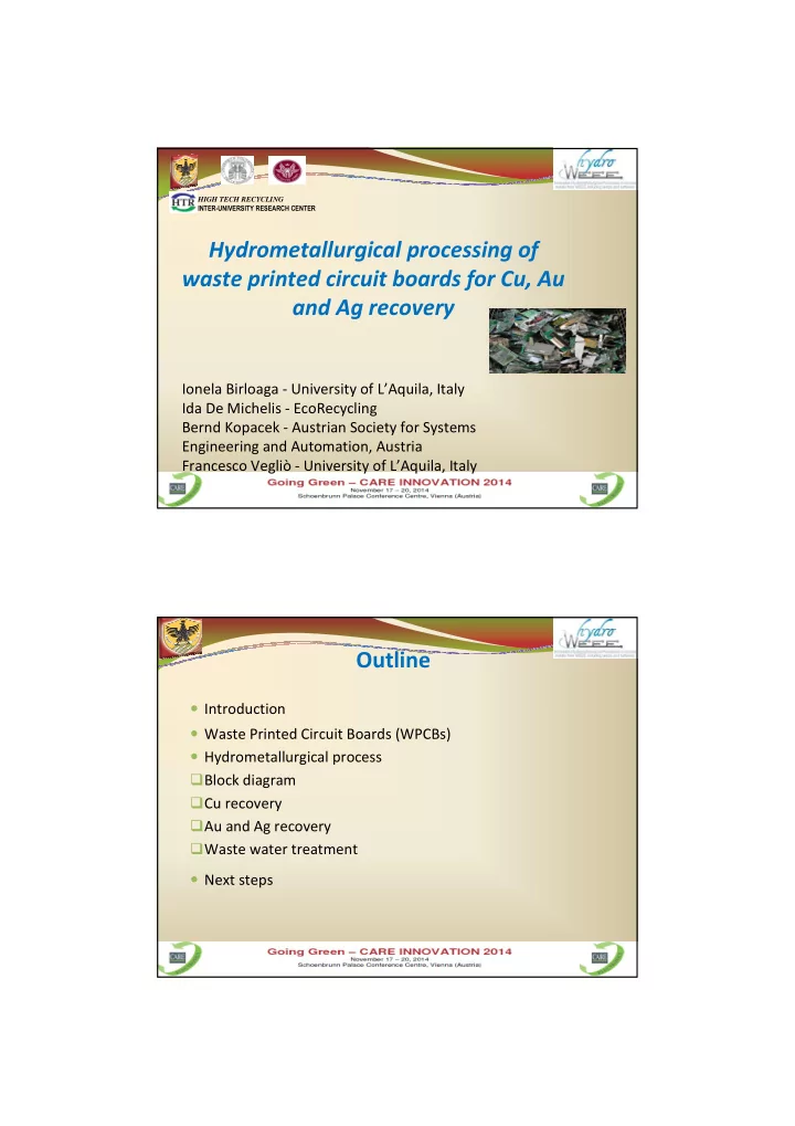 hydrometallurgical processing of waste printed circuit