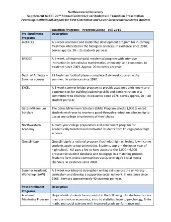 Pre-Enrollment  Description  Programs  BioEXCEL  A 5-week academic and leadership development