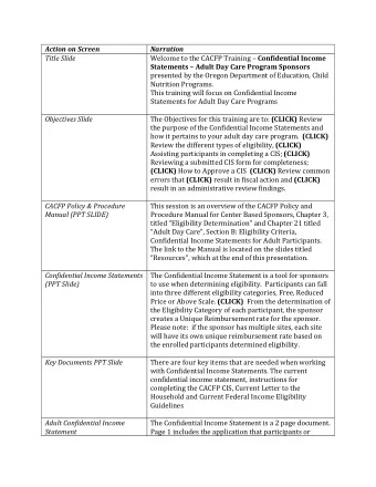 Action on Screen  Narration  Title Slide Welcome to the CACFP Training  Confidential Income