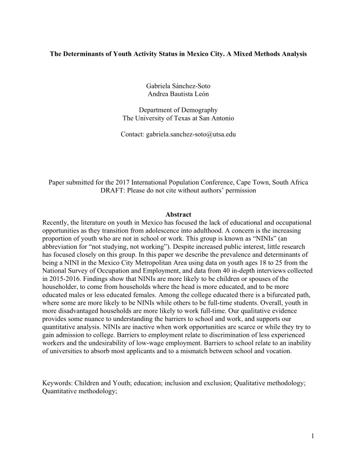 the determinants of youth activity status in mexico city