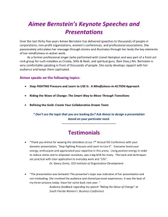 Aimee Bernsteins Keynote Speeches and  Presentations  Over the last thirty-five years Aimee