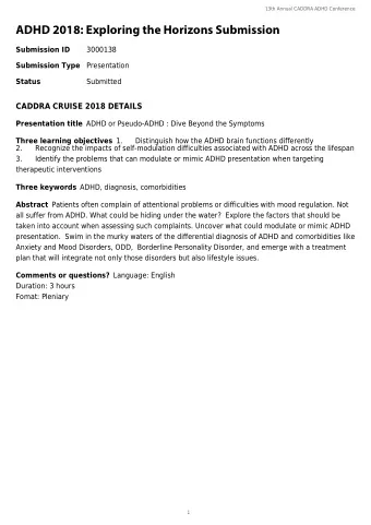 ADHD 2018: Exploring the Horizons Submission  13th Annual CADDRA ADHD Conference  Submission ID