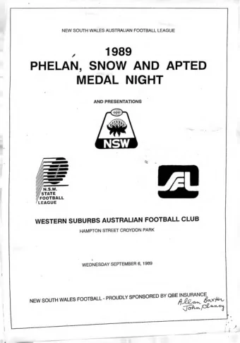 PHELAN, SNOW AND APTED  MEDAL NIGHT  AND PRESENTATIONS  FOOTBALL  LEAGUE  WESTERN SUBURBS