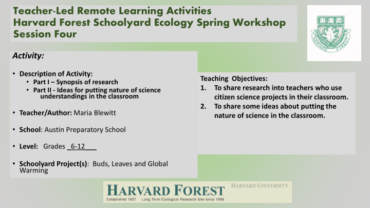 harvard forest schoolyard ecology spring workshop