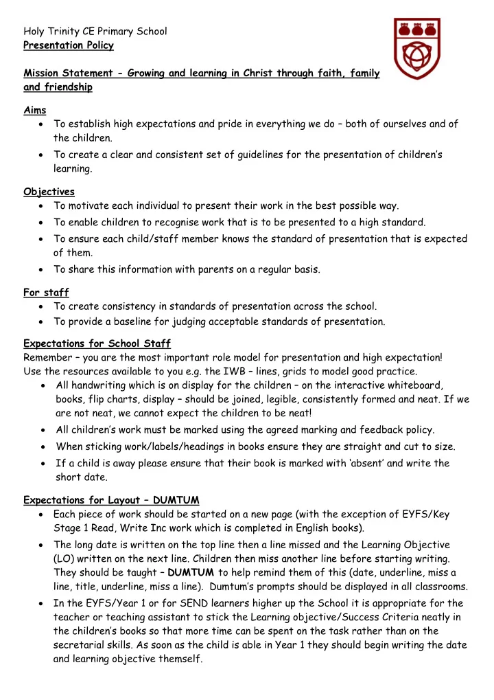 holy trinity ce primary school presentation policy