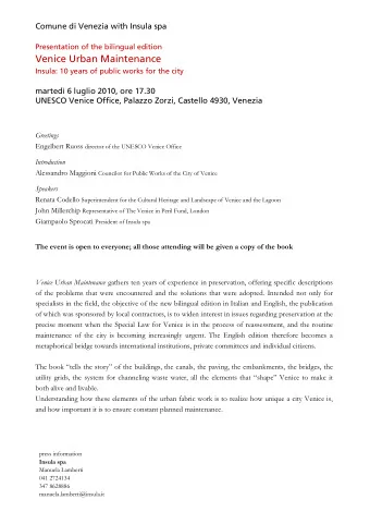 Venice Urban Maintenance  Insula: 10 years of public works for the city  marted 6 luglio 2010,