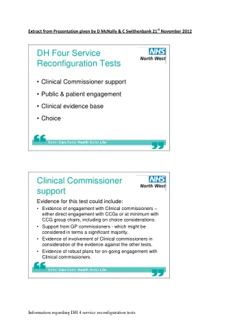 DH Four Service  Reconfiguration Tests  Clinical Commissioner support  Public &amp; patient