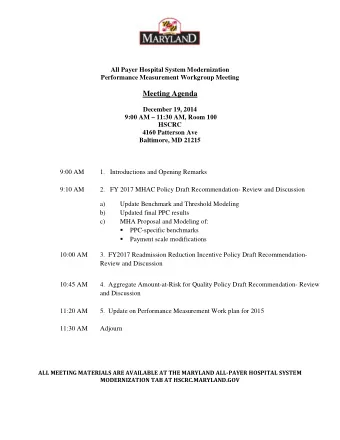 Meeting Agenda  December 19, 2014  9:00 AM  11:30 AM, Room 100  HSCRC  4160 Patterson Ave