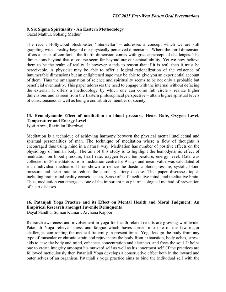 tsc 2015 east west forum oral presentations 8 six sigma
