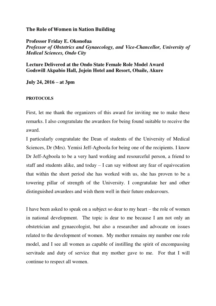 the role of women in nation building professor friday e