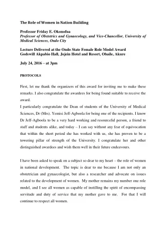 The Role of Women in Nation Building  Professor Friday E. Okonofua  Professor of Obstetrics and