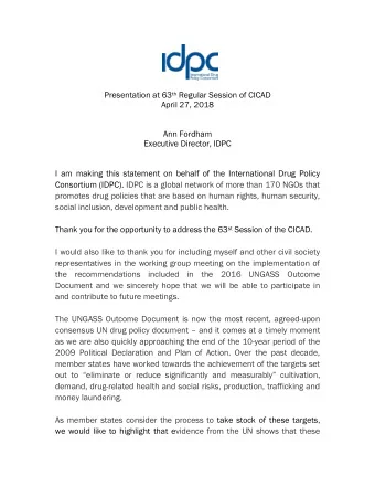 Presentation at 63 th Regular Session of CICAD  April 27, 2018  Ann Fordham  Executive Director,