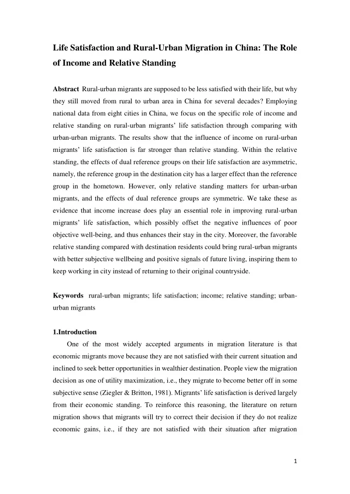 life satisfaction and rural urban migration in china the
