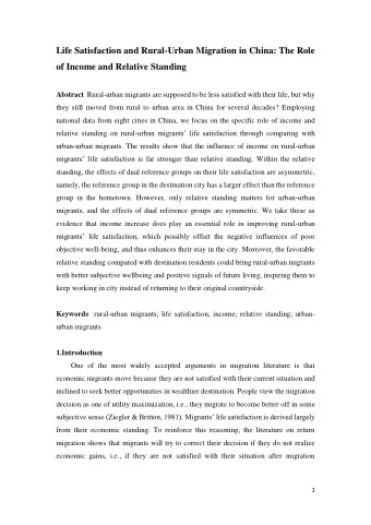 Life Satisfaction and Rural-Urban Migration in China: The Role  of Income and Relative Standing