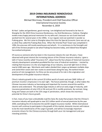 2019 CHINA INSURANCE RENDEZVOUS  INTERNATIONAL ADDRESS  Michael Morrissey, President and Chief