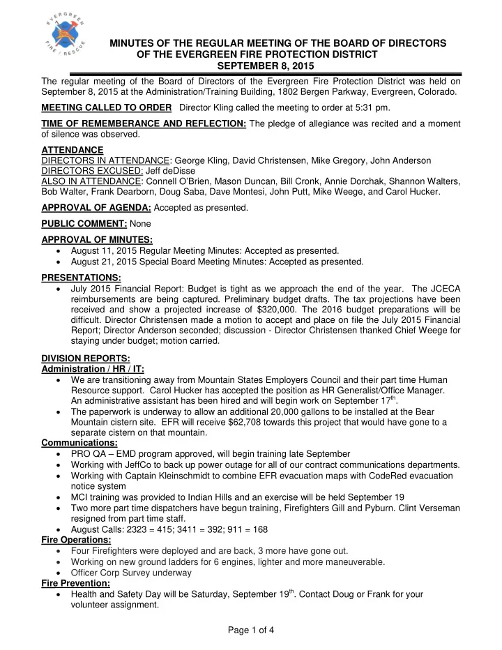 minutes of the regular meeting of the board of directors