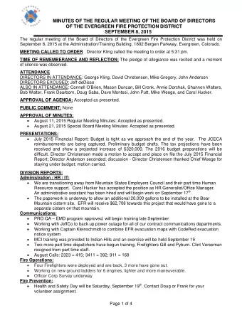 MINUTES OF THE REGULAR MEETING OF THE BOARD OF DIRECTORS  OF THE EVERGREEN FIRE PROTECTION DISTRICT
