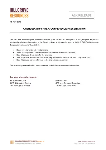 IIII HILLGROVE RESOURCES LIMITED ACN 004 297 116  www.hillgroveresources.com.au  5-7 King William
