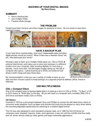 BACKING UP YOUR DIGITAL IMAGES  By Dave Emery  SUMMARY  Have a backup plan  Use multiple